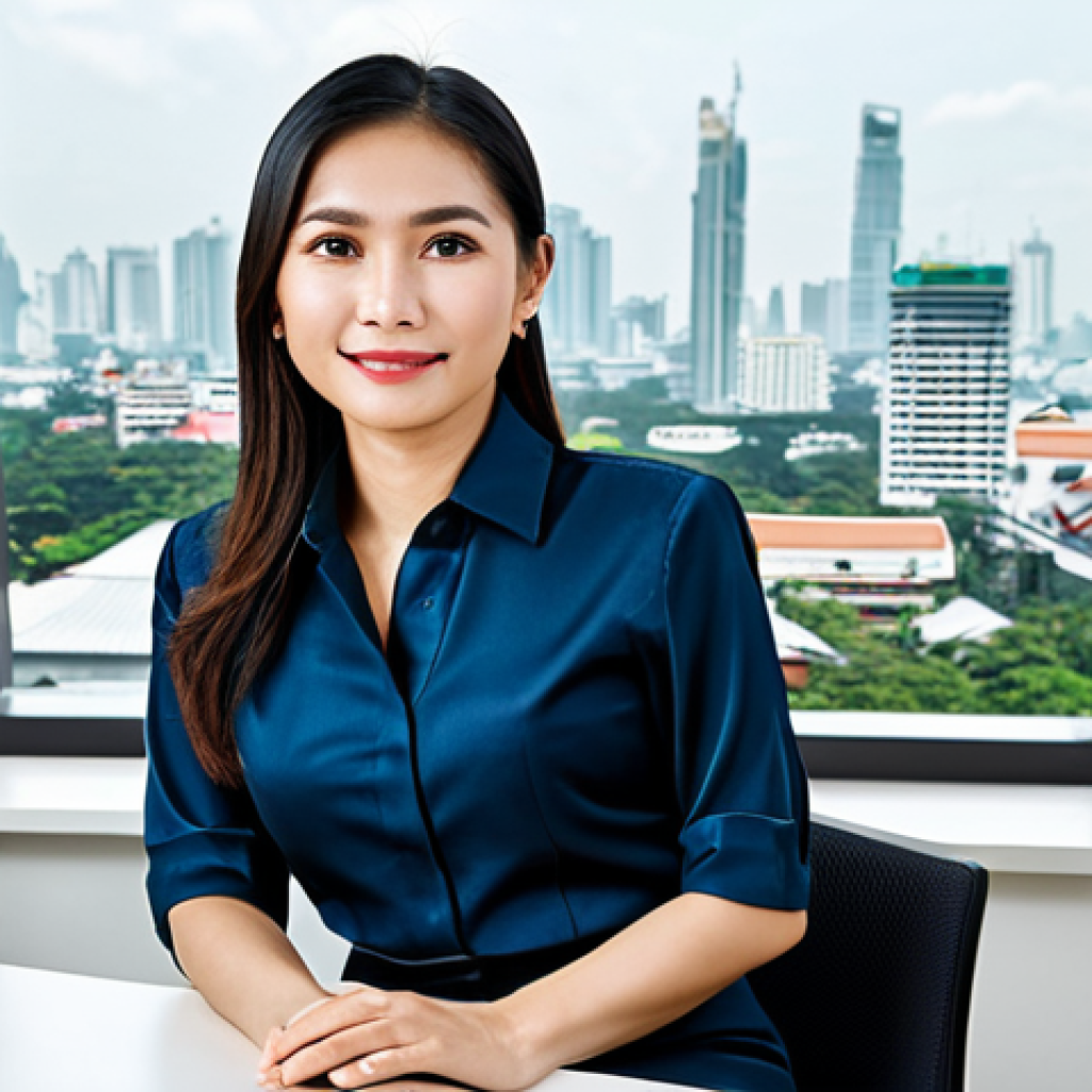 **
"A professional Thai businesswoman in a modest, traditional Thai business attire (e.g., a well-tailored silk blouse and knee-length skirt), sitting at a modern desk in a bright, clean Bangkok office with a view of the city skyline. Fully clothed, appropriate content, safe for work, perfect anatomy, natural proportions, professional photography, high quality, family-friendly."
**