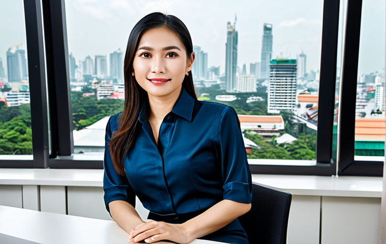 **

"A professional Thai businesswoman in a modest, traditional Thai business attire (e.g., a well-tailored silk blouse and knee-length skirt), sitting at a modern desk in a bright, clean Bangkok office with a view of the city skyline. Fully clothed, appropriate content, safe for work, perfect anatomy, natural proportions, professional photography, high quality, family-friendly."

**