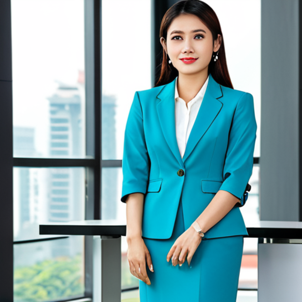 **
"A successful Thai businesswoman in a modern, bright office in Bangkok, wearing a stylish and modest knee-length dress with a blazer, fully clothed, appropriate attire, safe for work, perfect anatomy, natural pose, professional portrait photography, high quality."
**