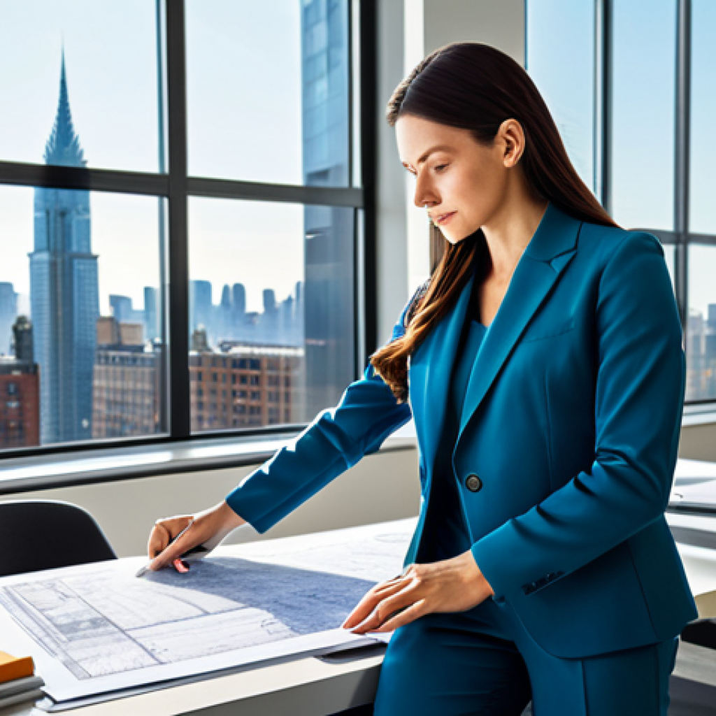 **
A professional architect in a modern, light-filled office, reviewing blueprints. She is fully clothed in a stylish, modest pantsuit. Large windows overlook a bustling cityscape. The image should convey competence and innovation. Safe for work, appropriate content, perfect anatomy, well-formed hands, professional attire, high quality.
**