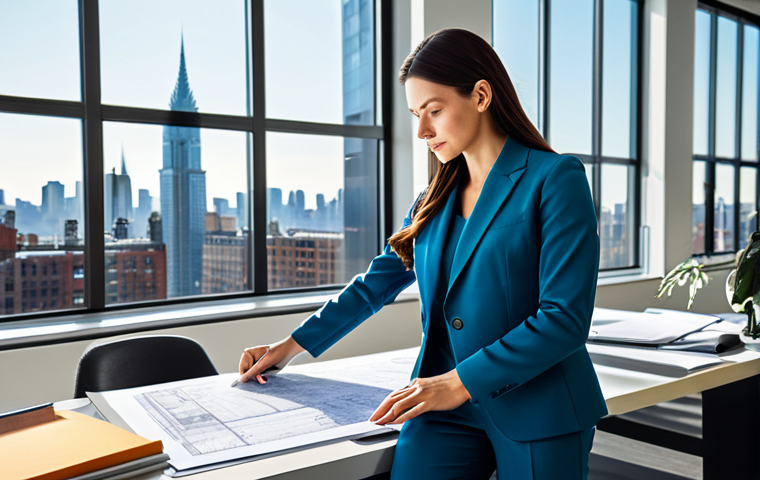 **
A professional architect in a modern, light-filled office, reviewing blueprints. She is fully clothed in a stylish, modest pantsuit. Large windows overlook a bustling cityscape. The image should convey competence and innovation. Safe for work, appropriate content, perfect anatomy, well-formed hands, professional attire, high quality.
**