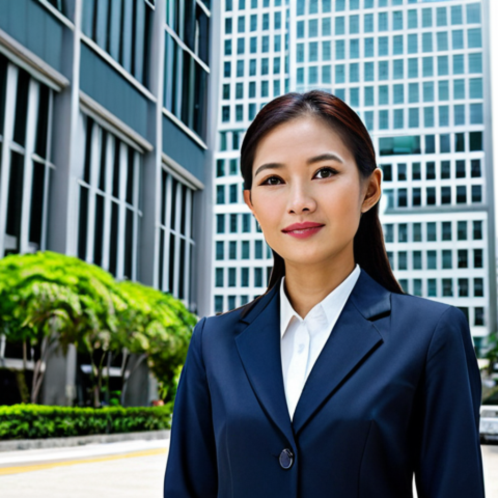 Professional Businesswoman in Bangkok**
A professional Thai businesswoman in a modest business suit, standing in front of a modern office building in the Sathorn district of Bangkok, fully clothed, appropriate attire, safe for work, perfect anatomy, natural proportions, professional photography, high quality, daytime.
**