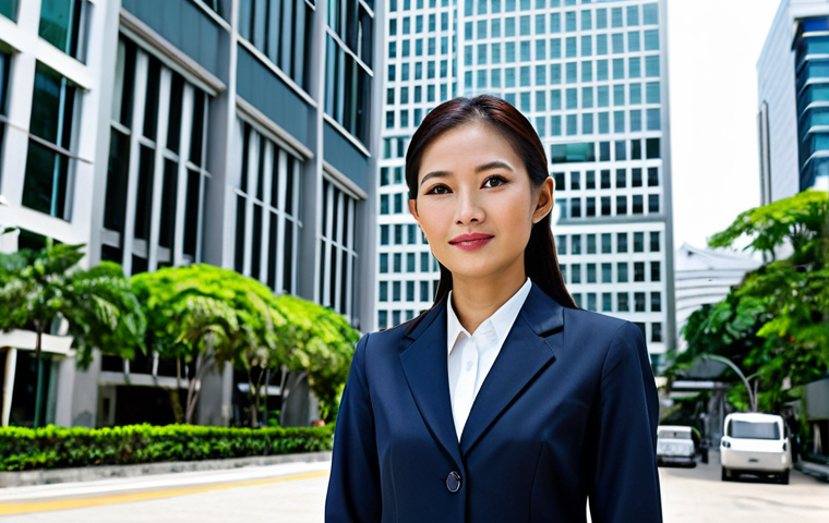 Professional Businesswoman in Bangkok**
A professional Thai businesswoman in a modest business suit, standing in front of a modern office building in the Sathorn district of Bangkok, fully clothed, appropriate attire, safe for work, perfect anatomy, natural proportions, professional photography, high quality, daytime.
**