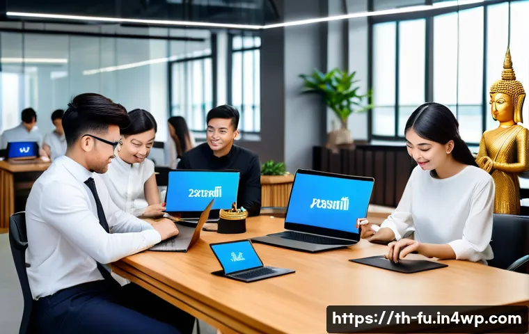 패스워드 관리 시스템의 실무 적용 방안 - A modern office workspace in Bangkok with a diverse team of professionals using password management ...