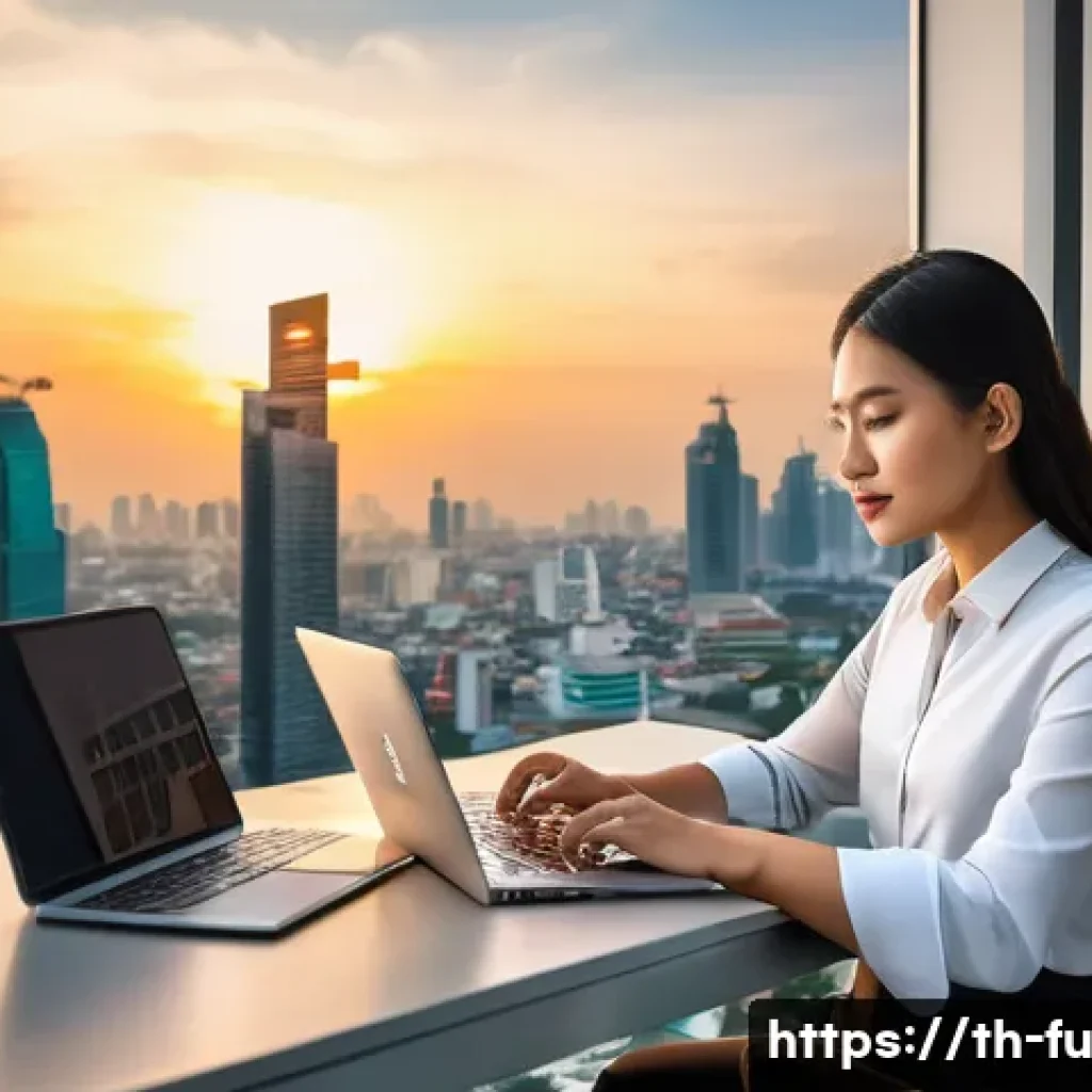 패스워드 관리 시스템의 도전 과제 - A modern Thai office workspace featuring a young professional woman securely managing passwords on m...