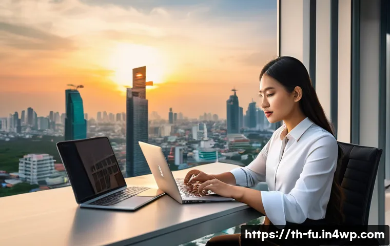 패스워드 관리 시스템의 도전 과제 - A modern Thai office workspace featuring a young professional woman securely managing passwords on m...