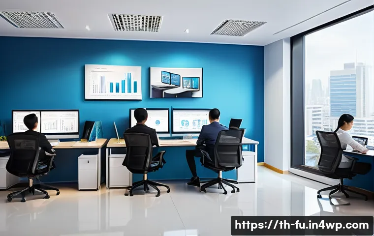 패스워드 관리 시스템의 비용 분석 - A modern Thai small business office setting with diverse employees collaborating around computers, d...