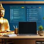 패스워드 관리 시스템 구현 사례 - A detailed digital illustration of a modern Thai office workspace featuring a young professional sec...