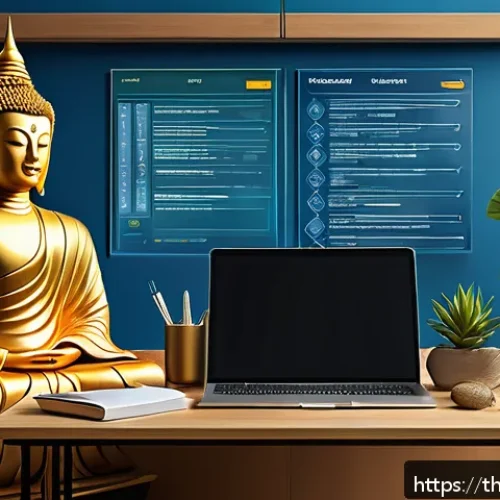 패스워드 관리 시스템 구현 사례 - A detailed digital illustration of a modern Thai office workspace featuring a young professional sec...