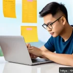 비밀번호 관리 시스템의 효과적인 활용 방안 - A modern Thai home office scene featuring a young adult carefully creating a strong password on a la...