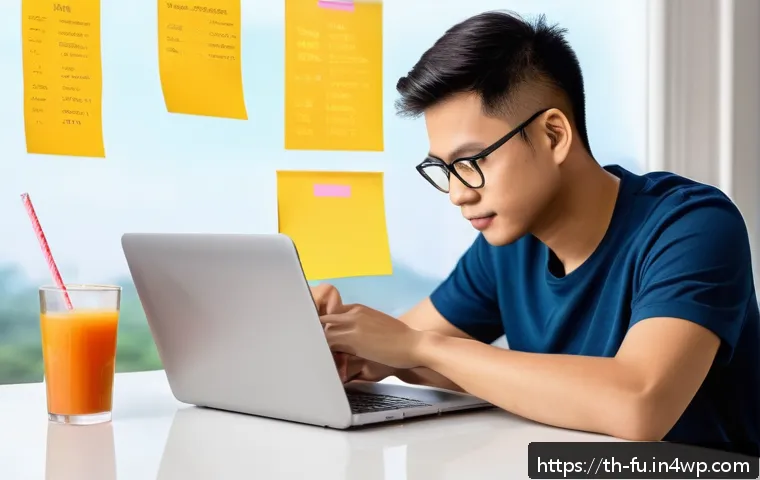 비밀번호 관리 시스템의 효과적인 활용 방안 - A modern Thai home office scene featuring a young adult carefully creating a strong password on a la...