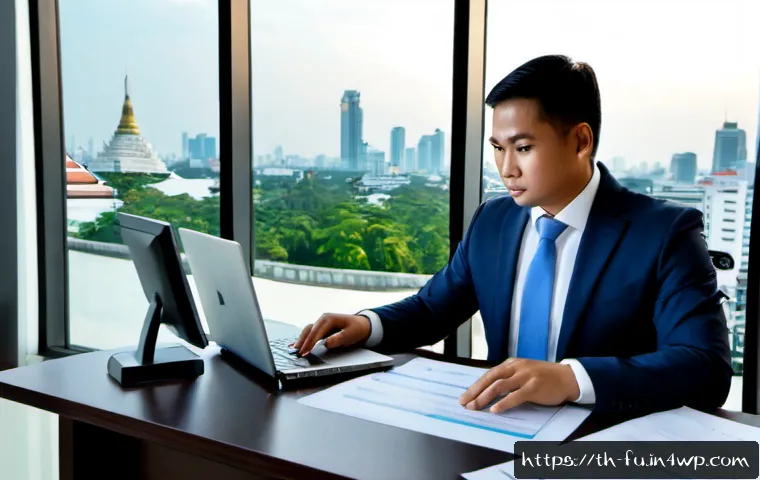 Home 17 패스워드 관리 시스템의 법적 규제 - Photorealistic modern Bangkok corporate compliance office, Thai cybersecurity manager in smart busin...